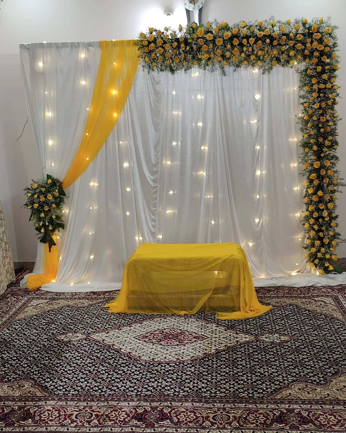 Marigold and gold haldi ceremony backdrop in Bengaluru